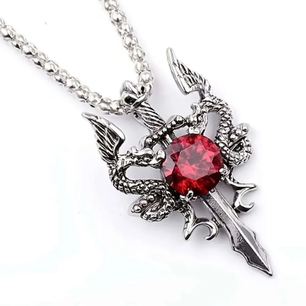 Gothic Vintage Inspired Dragon With Red Jewel accent Silver Tone Engraved Detail